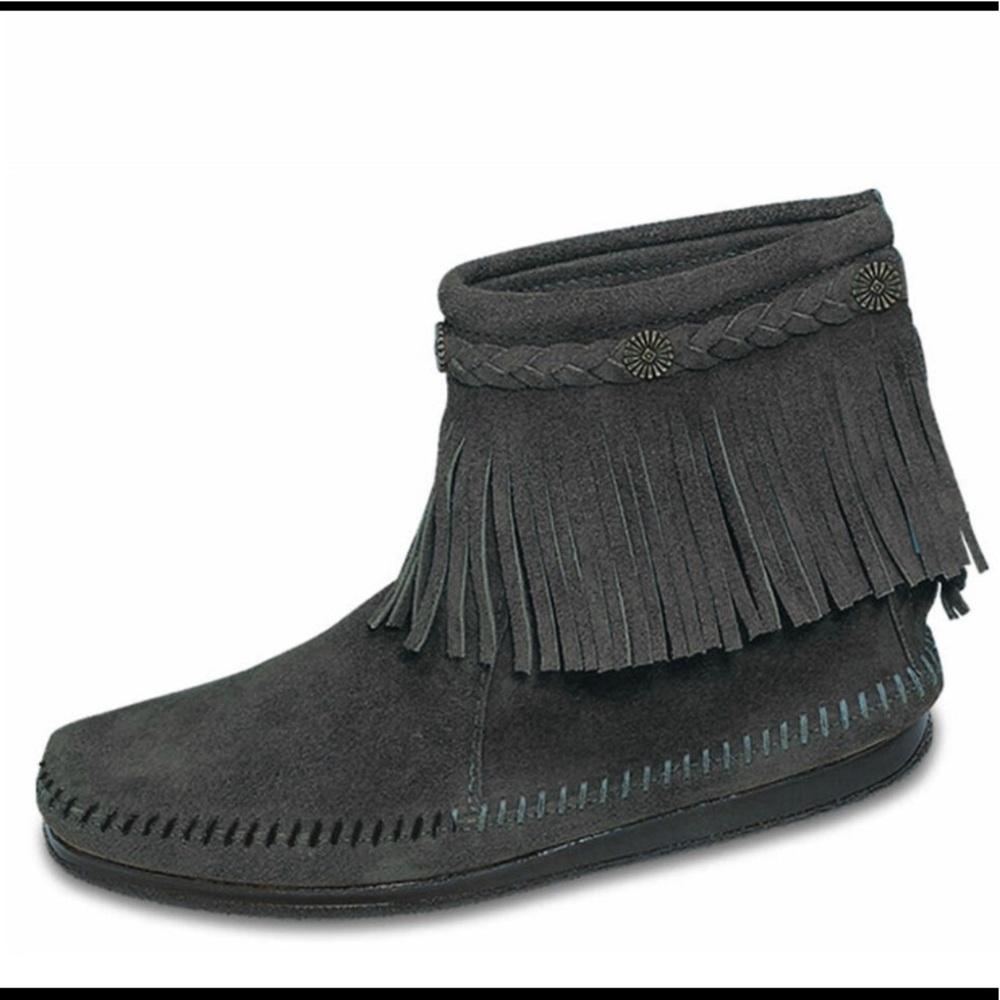 Minnetonka Moccasin Boots Hi Top Zip Back Suede Gray Style# 291T